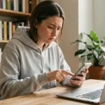 Jeune femme analysant un lien suspect Monopoly GO sur son smartphone à son bureau