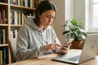 Jeune femme analysant un lien suspect Monopoly GO sur son smartphone à son bureau