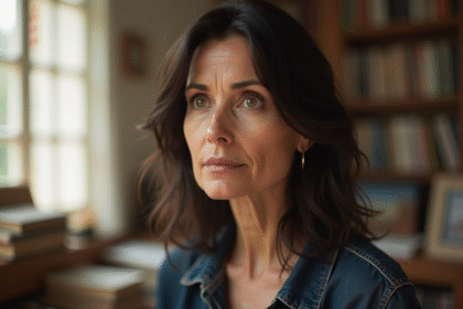 Femme d'âge moyen dans un studio lumineux avec livres et toiles