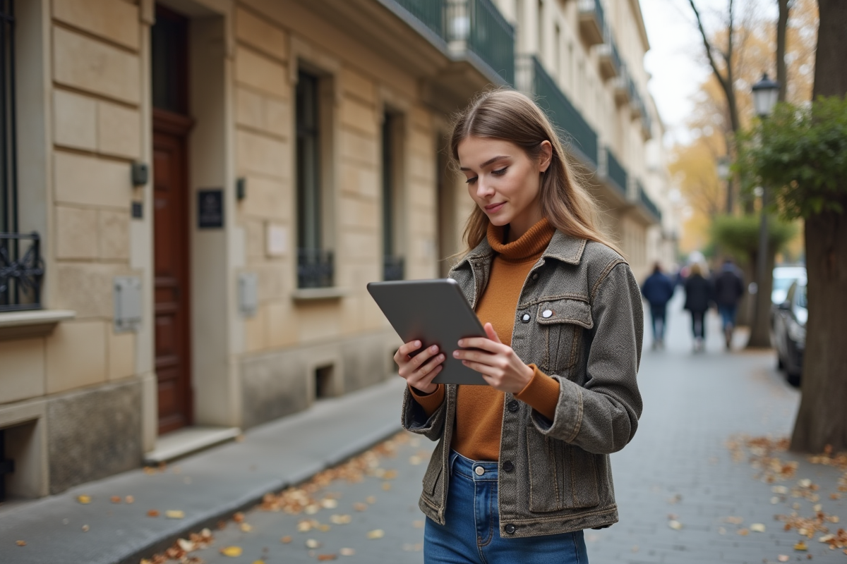Jeune femme avec tablette devant un immeuble français