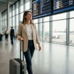 Femme voyageant léger avec un bagage cabine dans un aéroport européen animé, idéale pour un city-break express