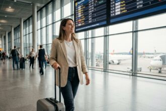 Femme voyageant léger avec un bagage cabine dans un aéroport européen animé, idéale pour un city-break express