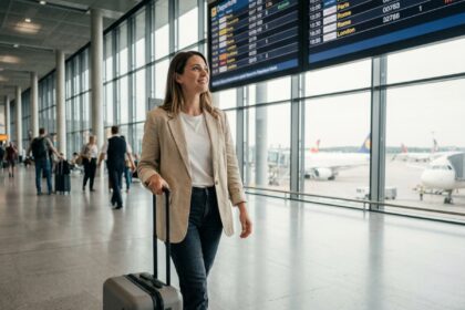 Femme voyageant léger avec un bagage cabine dans un aéroport européen animé, idéale pour un city-break express
