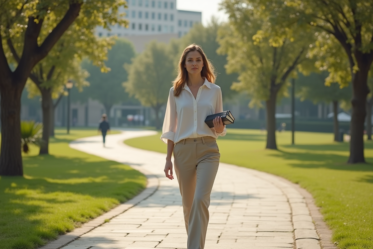 Femme en promenade dans un parc ensoleille