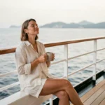 Femme détendue sur le balcon d'une cabine de croisière avec vue sur la mer