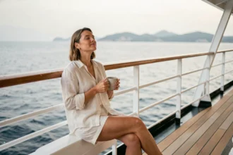 Femme détendue sur le balcon d'une cabine de croisière avec vue sur la mer