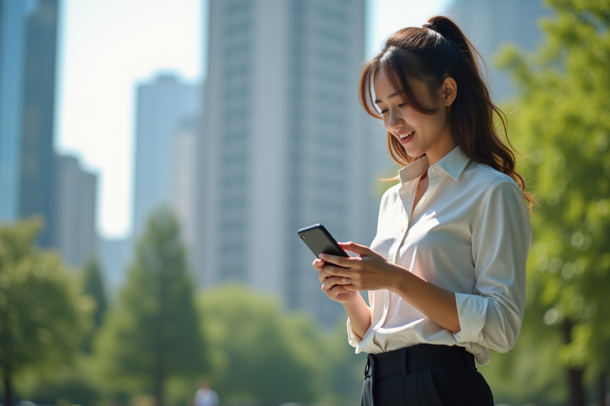 Jeune femme vérifiant ses actions sur smartphone en plein air