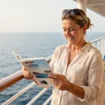 Femme consultant une brochure Costa Croisières sur le pont d'un navire en mer Méditerranée