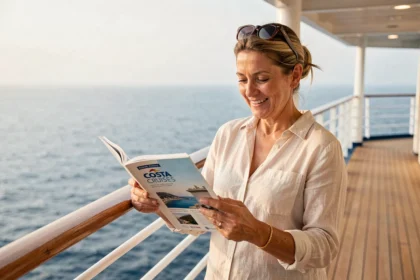 Femme consultant une brochure Costa Croisières sur le pont d'un navire en mer Méditerranée