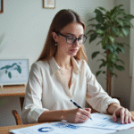 Femme concentrée en bureau à domicile avec feuilles de budget