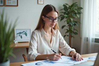 Femme concentrée en bureau à domicile avec feuilles de budget