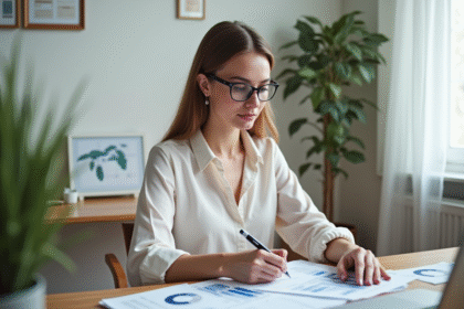 Femme concentrée en bureau à domicile avec feuilles de budget