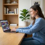 Jeune femme au bureau avec ordinateur affichant des images IA
