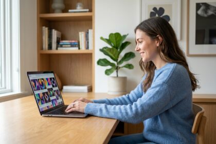 Jeune femme au bureau avec ordinateur affichant des images IA