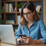 Femme en bureau moderne utilisant son ordinateur portable