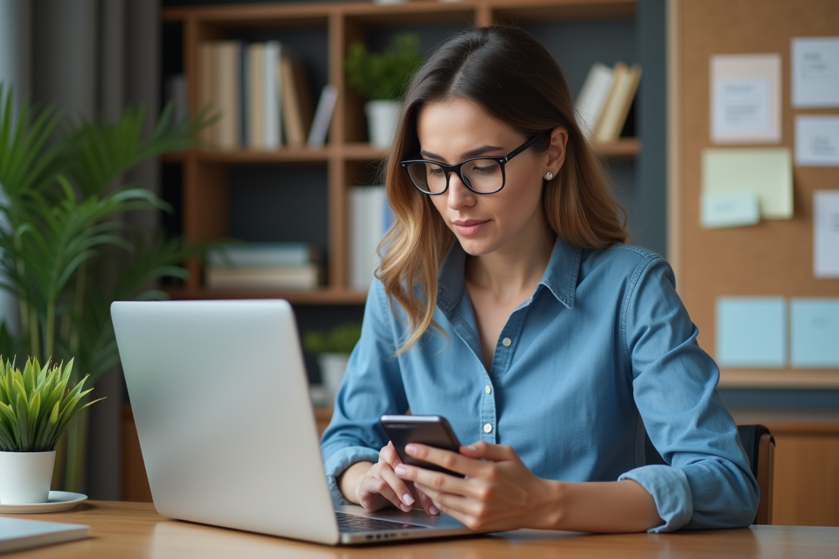 Femme en bureau moderne utilisant son ordinateur portable