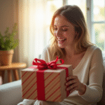 Femme surprise et souriante ouvrant un cadeau à la maison