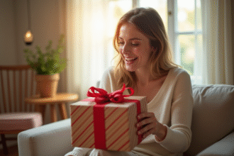 Femme surprise et souriante ouvrant un cadeau à la maison