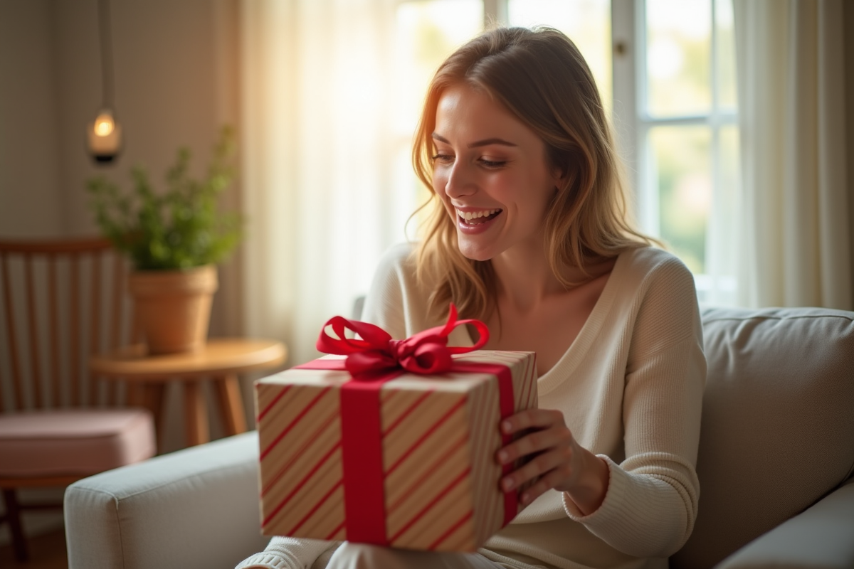 Femme surprise et souriante ouvrant un cadeau à la maison