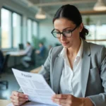 Femme cadre en bureau examinant sa fiche de paie en mai, illustration de l'impact des jours fériés sur le salaire
