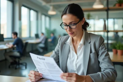 Femme cadre en bureau examinant sa fiche de paie en mai, illustration de l'impact des jours fériés sur le salaire