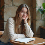 Jeune femme au café parisien contemplant un carnet