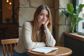 Jeune femme au café parisien contemplant un carnet