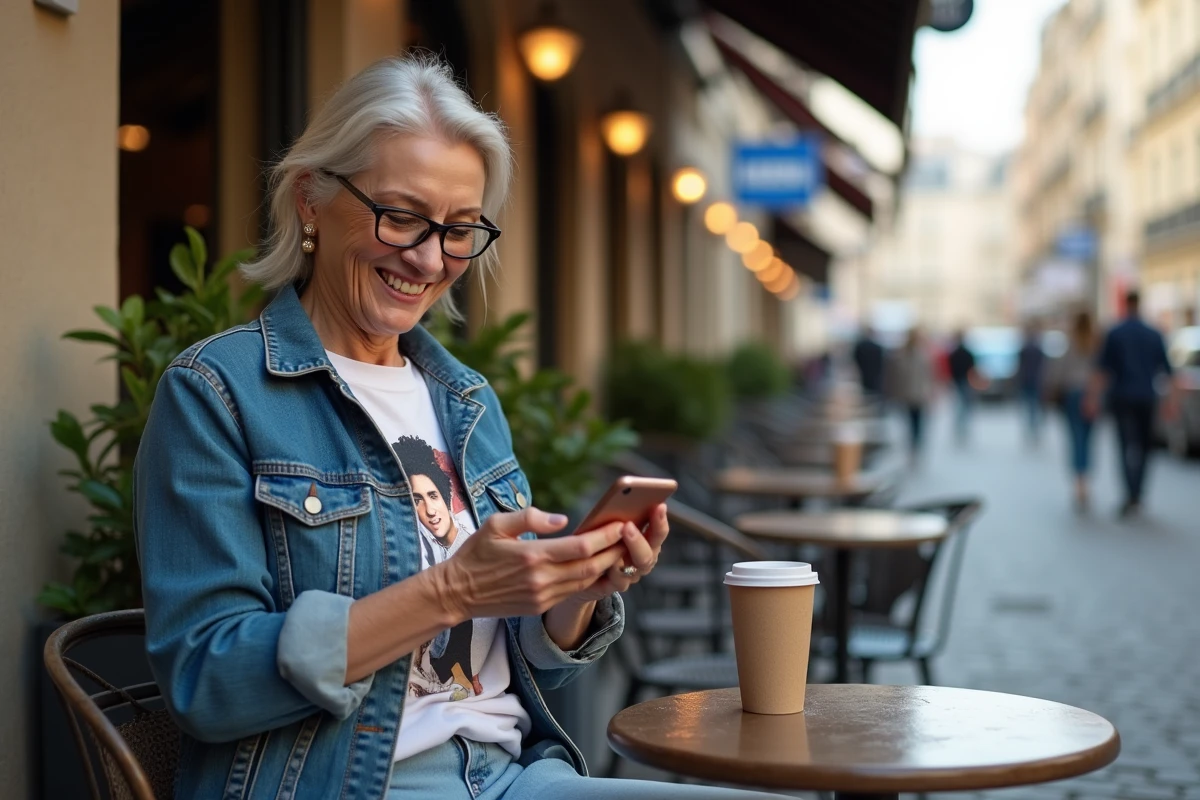 Femme souriante dans un café parisien en extérieur