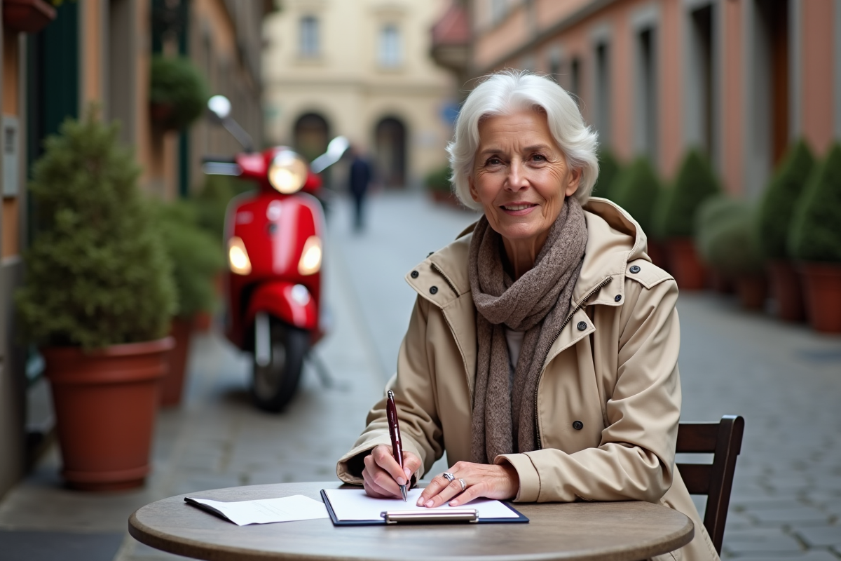 Femme au café avec scooter et formulaire d