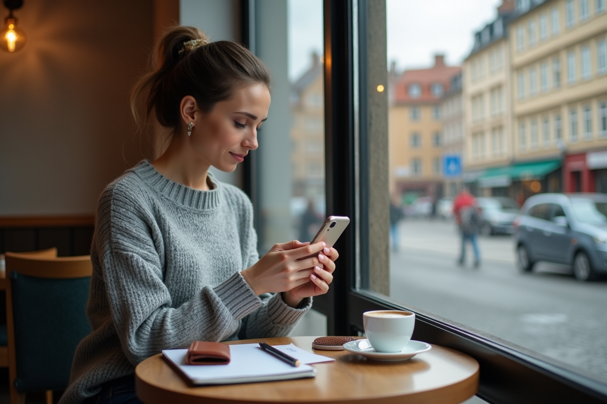 Femme concentrée utilisant son smartphone dans un café cosy