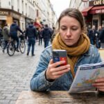 Jeune femme en terrasse de café urbain avec smartphone