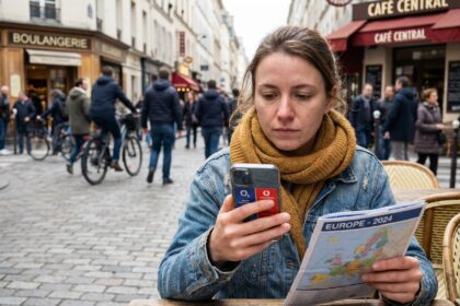 Jeune femme en terrasse de café urbain avec smartphone