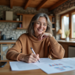 Femme d'âge moyen souriante en automne à la maison à la campagne