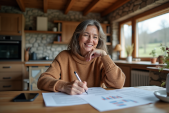 Femme d'âge moyen souriante en automne à la maison à la campagne