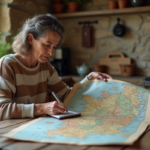 Femme française étudie une carte de France à la maison