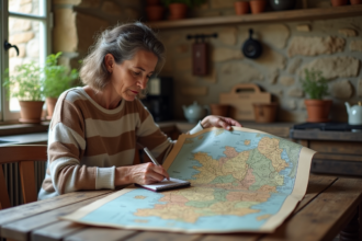 Femme française étudie une carte de France à la maison