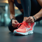 Femme en tenue de sport moderne nouant ses chaussures de sport colorées