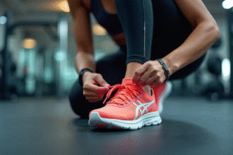 Femme en tenue de sport moderne nouant ses chaussures de sport colorées