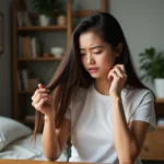 Jeune femme examine ses cheveux abîmés dans sa chambre