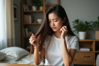 Jeune femme examine ses cheveux abîmés dans sa chambre