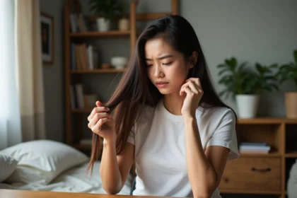Jeune femme examine ses cheveux abîmés dans sa chambre