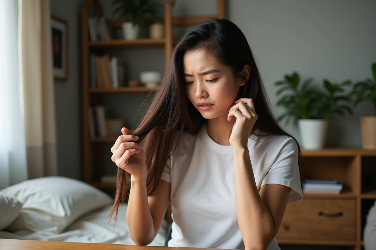 Jeune femme examine ses cheveux abîmés dans sa chambre