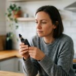 Femme tenant une cigarette électronique moderne dans une cuisine contemporaine, représentant l'arrêt du tabac grâce au vapotage