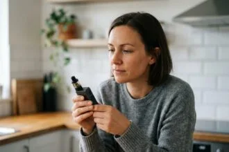 Femme tenant une cigarette électronique moderne dans une cuisine contemporaine, représentant l'arrêt du tabac grâce au vapotage