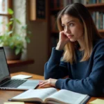 Femme comparant plusieurs noms d'encyclopédies collaboratives en ligne sur son ordinateur portable dans un bureau à domicile entouré de livres de référence