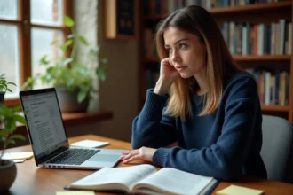 Femme comparant plusieurs noms d'encyclopédies collaboratives en ligne sur son ordinateur portable dans un bureau à domicile entouré de livres de référence