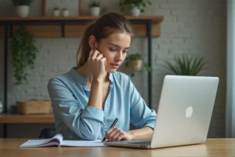 Jeune femme compare des devis d'assurance à la maison