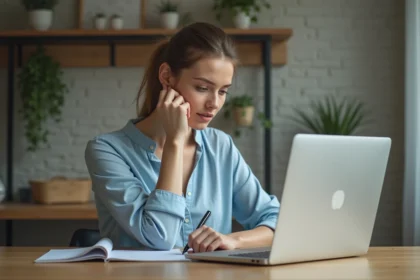 Jeune femme compare des devis d'assurance à la maison