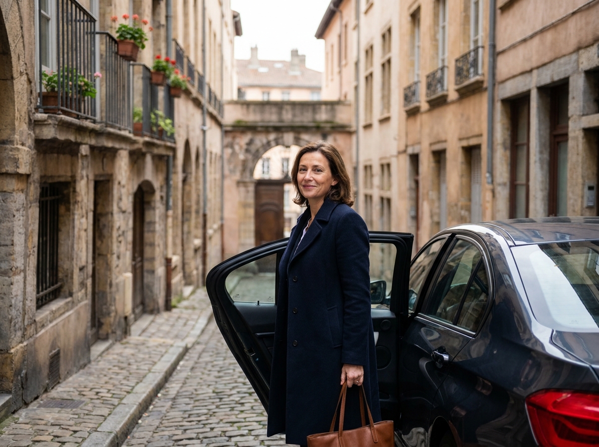 Femme sortant de sa voiture avec assurance dans le quartier de la Croix-Rousse à Lyon