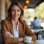Femme confiante assise dans un café ensoleille